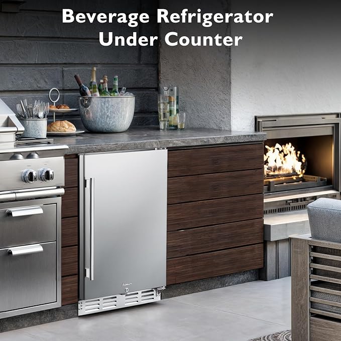 Kalamera 24 inch Stainless Steel Beverage Refrigerator, Outdoor Mini Fridge | Under Counter Beverage Cooler for 154 Cans with 32-41℉ Temperature Range - Soda, Beer Refrigerator with Soild Stainless Door