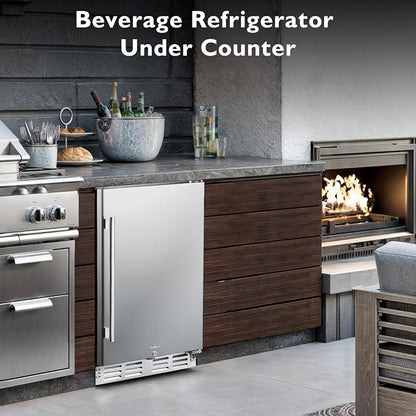 Kalamera 24 inch Stainless Steel Beverage Refrigerator, Outdoor Mini Fridge | Under Counter Beverage Cooler for 154 Cans with 32-41℉ Temperature Range - Soda, Beer Refrigerator with Soild Stainless Door