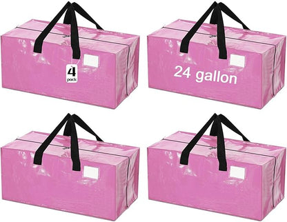 4 Pcs 24 Gallon Extra Large Moving Bags Heavy Duty Storage Bag with Strong Zipper Handle Foldable XXL Jumbo Storage Tote Packing Moving Box for College Dorm Travel Cloth Duffle (Pink)