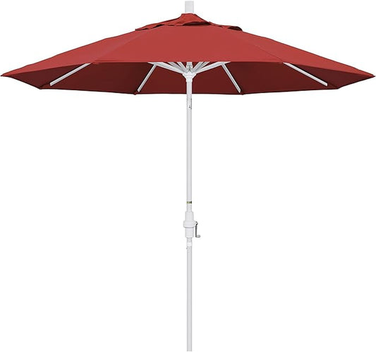 California Umbrella 9' Round Aluminum Market Umbrella, Crank Lift, Collar Tilt, White Pole, Red Olefin