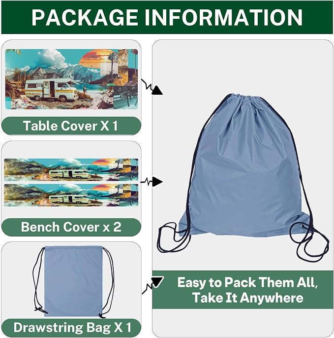 Picnic Table Cover with Bench Covers, Travel, 3 Piece, 72 Inch | With Bench Covers Full Elastic Edge Tablecloth Waterproof Wipeable RV Outdoor Patio Park Essentials With Drawstring Bag