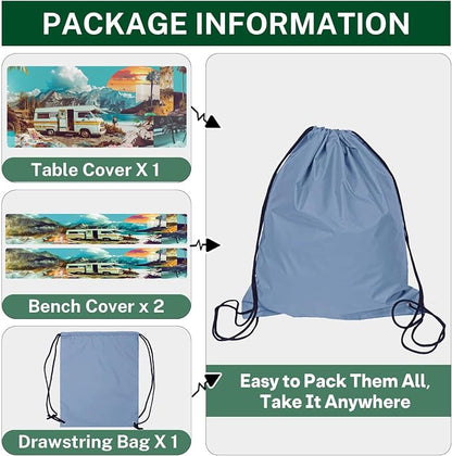 Picnic Table Cover with Bench Covers, Travel, 3 Piece, 72 Inch | With Bench Covers Full Elastic Edge Tablecloth Waterproof Wipeable RV Outdoor Patio Park Essentials With Drawstring Bag