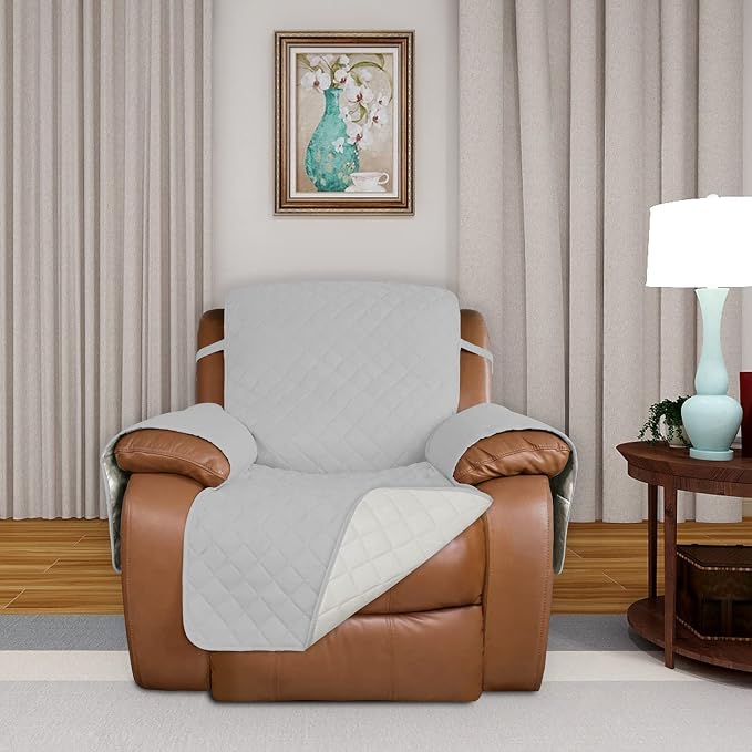 PureFit Reversible Recliner Chair Covers Couch Covers for Dogs, 28 in | Light Gray/Ivory, Water Resistant Couch Protector, Washable Pet Couch Cover with Non Slip and Elastic Straps For Kids