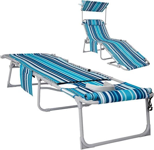 #WEJOY3in1 Tanning Chair with Face Hole & Canopy, 5-Pos Folding Face Down Lounge Chair for Outside Beach Pool, 300lbs Heavy Duty Portable Sun Lounger with Pillow Storage Bag(Bluestrips)