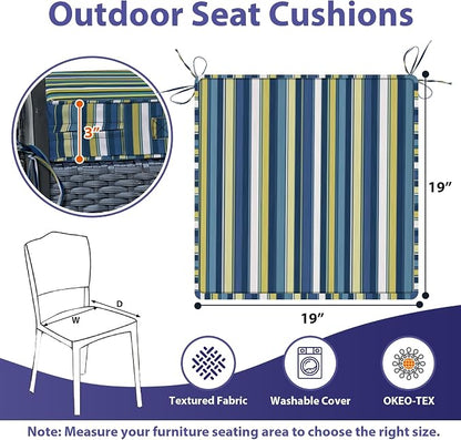 IPYNBAP Outdoor Chair Cushions Set of 4 -Waterproof Outdoor Seat Cushions for Patio Furniture, Patio Chair Cushion with Handle and Ties, Out Door Chair Pads,19x19x3-Square, Blue Stripe