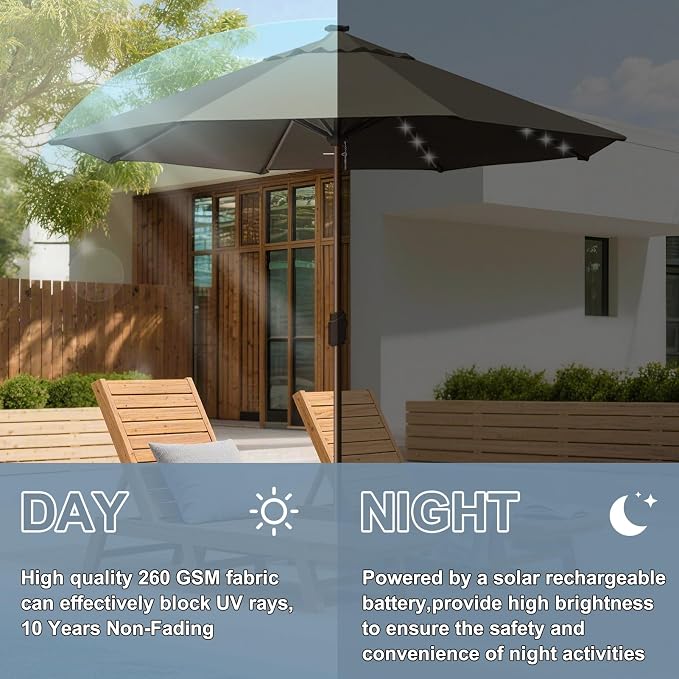 EliteShade USA 10-Year-Non-Fading 10ft Market Patio Umbrella, Commercial Grade Table Sun Umbrella with 80 Solar LED Lights, Crank Open, Windproof & UPF 50+ UV Protection for Garden, Deck, Pool, Backyard, No Tilt, Taupe