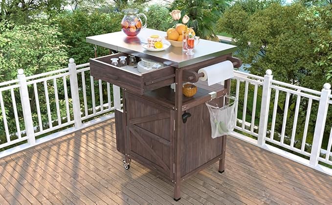 Outdoor Rolling Kitchen Island with Drop Leaf, 40.5" Solid Wood Grill Table with Stainless Steel Top, Drawer and Towel Rack, Outdoor Storage Cabinet with Lockable Wheels (Brown-@045)