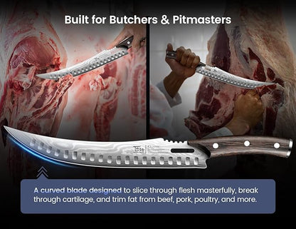 SYOKAMI Butcher Breaking Knife for Meat Cutting, 10.5 Inch Japanese Style Curved Carving Knife with Wooden Full Tang Handle, Damascus Pattern, Razor Sharp Cimiters with Gift Box, Birthday Gift for Men