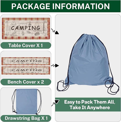 Picnic Table Cover with Bench Covers Elastic Edges, Red Camper Fitted Table Cover, Outdoor Patio Camping Essentials 72 Inch 3PCS, Waterproof Camping Fitted Tablecloth with Drawstring Bag