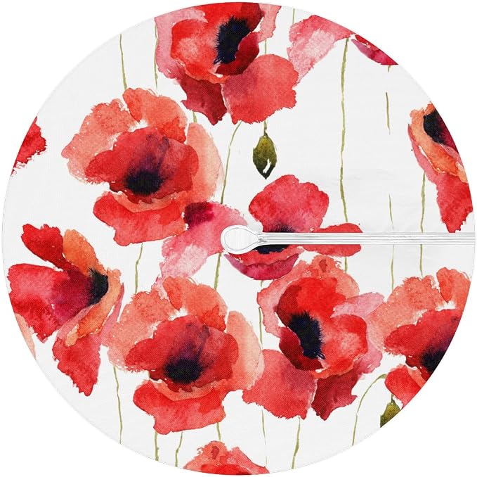 Fitted Round Tablecloth with Umbrella Hole and Zipper Red Flowers Outdoor Elastic Table Cloth 45"-56" Oil-Proof Waterproof Floral Patio Table Cover for Picnic Party