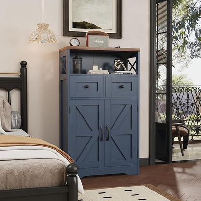 Befrases Farmhouse Blue Storage Cabinet with Barn Doors and Drawers, Small Freestanding Kitchen Pantry Cabinet, Hutch Cupboard for Kitchen, Laundry, Living Room,Bathroom