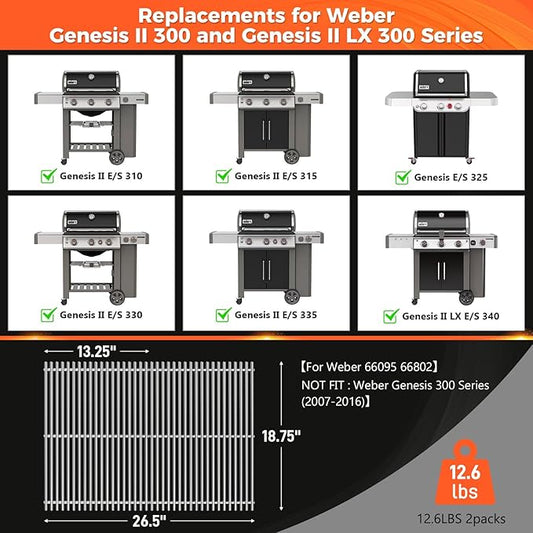 QuliMetal 18.75" Grill Grates for Weber Genesis II 300 & GS4 Genesis II LX 300 Series Gas Grills, Genesis II E&S 310 315 320 325 335, Genesis 2 Parts Replacement for Weber 66095, Stainless Steel