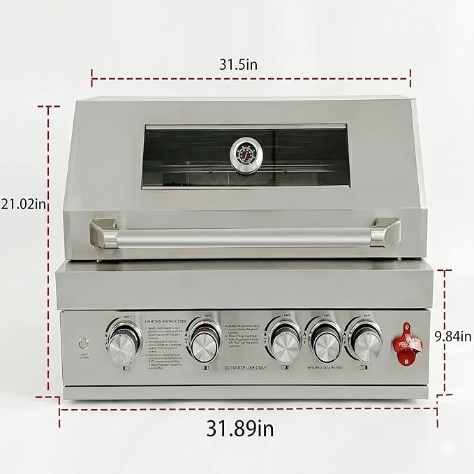 Premium 5-Burner (Including Rear Burner) Built-in Gas/Charcoal Grill — Portable 304 Stainless Steel Outdoor Grill with 12,000 BTU High-Power Output, 495 Sq. In. Cooking Area (31-IN)