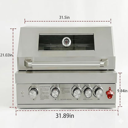 Premium 5-Burner (Including Rear Burner) Built-in Gas/Charcoal Grill — Portable 304 Stainless Steel Outdoor Grill with 12,000 BTU High-Power Output, 495 Sq. In. Cooking Area (31-IN)