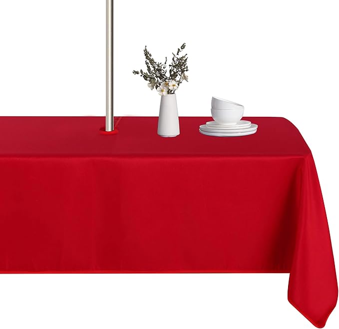 LUSHVIDA Rectangle Outdoor Tablecloth with Umbrella Hole and Zipper, 60x84 Inch Red, Washable Waterproof Table Cloth Spill Proof Wrinkle Free Table Cover for Patio Spring Summer Picnic BBQS