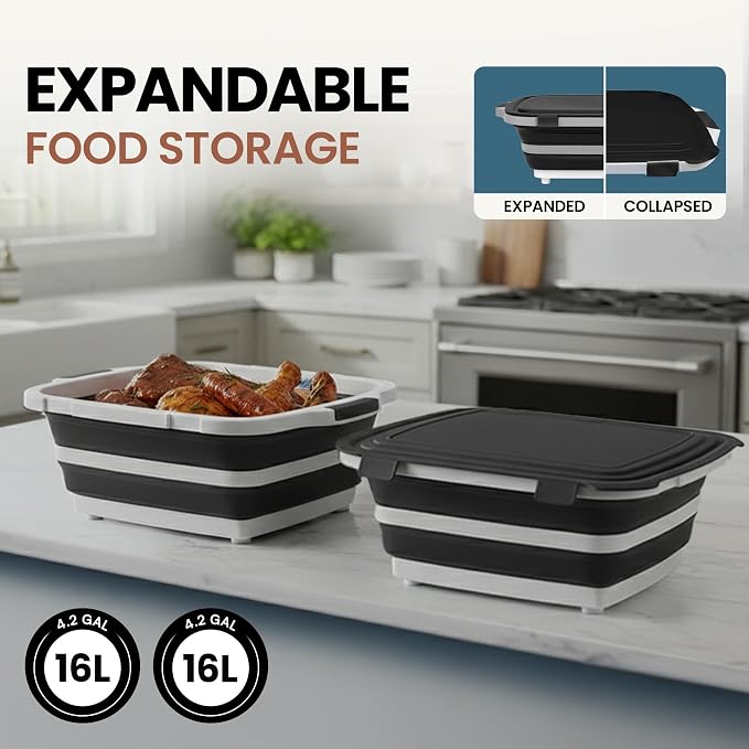 BBQ Prep Tub 2 Pack (16L+16L) - Multifunctional Collapsible Camping Cutting Board with Upgraded Locking lid, Meal Prep Meat Storage Container Perfect for Grilling, Outdoor Cooking (XL x 2)
