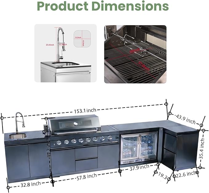 Outdoor Kitchen Island, Natural Gas Grill with Standalone Side Burner Island, 96,000 BTU BBQ Grill with Sink, Refrigerator, Granite Countertop, Grill Cart & Storage Drawers Black+153in