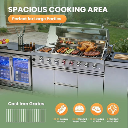 Outdoor Kitchen Island,Gas Grill with Standalone Side Burner Island, 96,000 BTU BBQ Grill with Infrared Burner, Refrigerator,Granite Countertop, Grill Cart & Storage Drawers (Silver+153in)