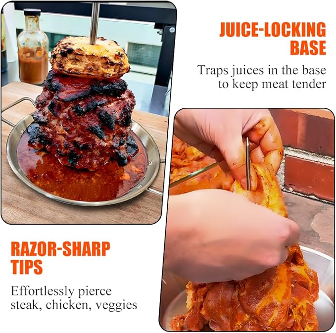 Vertical Skewer Pan Stainless Steel Gyro Pan Spit Shawarma Stand for oven, Al Pastor Skewer for Grill, El Pastor Hack for Tacos Al Pastor Chicken, Brazilian, with 8",10",12" stick