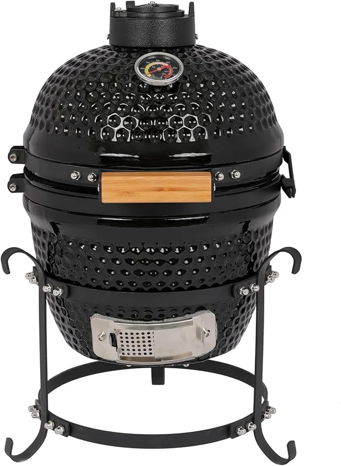 13" Ceramic Charcoal Grill - Multifunctional Barbecue Grill for Variations on Cooking Methods, Outdoor Tabletop Portable Grill (Black)
