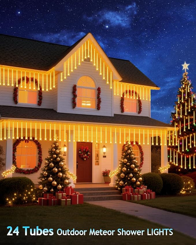 PEMOTech Christmas Lights Outdoor,24 Tubes 30cm 576 Led Meteor Shower Lights, Waterproof Christmas Decorations Icicle Light for Xmas Tree Halloween Party, Ul Plug,Warm White
