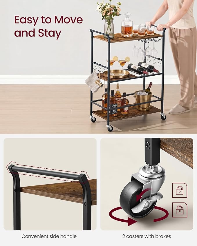 VASAGLE 3-Tier Bar Cart, Steel Serving Cart on Wheels with Wine Rack and Glass Holder, 25.4 x 12.6 x 33.7 Inches, Rustic Brown, for Kitchen and Living Room, Barnet Collection ULRC200K101