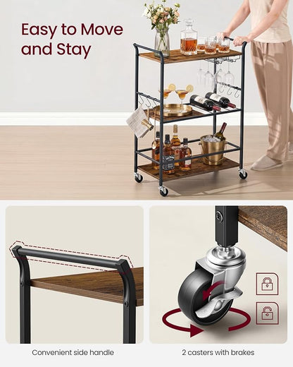 VASAGLE 3-Tier Bar Cart, Steel Serving Cart on Wheels with Wine Rack and Glass Holder, 25.4 x 12.6 x 33.7 Inches, Rustic Brown, for Kitchen and Living Room, Barnet Collection ULRC200K101