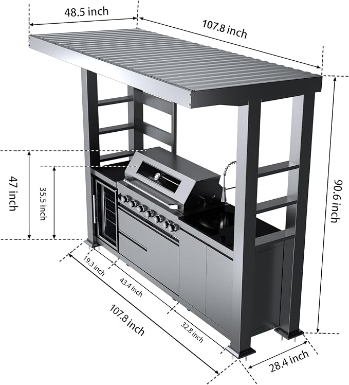 108" 6-Burner 85000 BTU Outdoor Kitchen Island, 304 Stainless Steel Modular LPG BBQ Grill Combination With Granite Countertops, Canopy, Refrigerator and Sink (108"-Silver with Canopy, Propane Gas)
