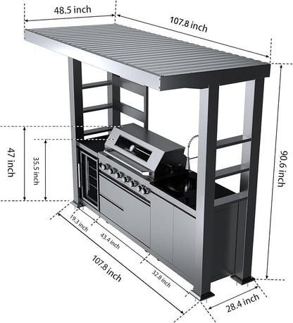 108-Inch 6-Burner 85000 BTU Propane Gas Grill Island with Shed, 304 Stainless Steel, 684 Sq.In Cooking Area, Wine Cooler, Rotisserie & Granite Countertops for Backyard BBQ, Sliver