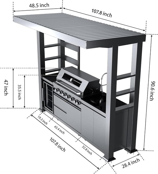 108-Inch 6-Burner 85000 BTU Propane Gas Grill Island with Shed, 304 Stainless Steel, 684 Sq.In Cooking Area, Wine Cooler, Rotisserie & Granite Countertops for Backyard BBQ, Sliver