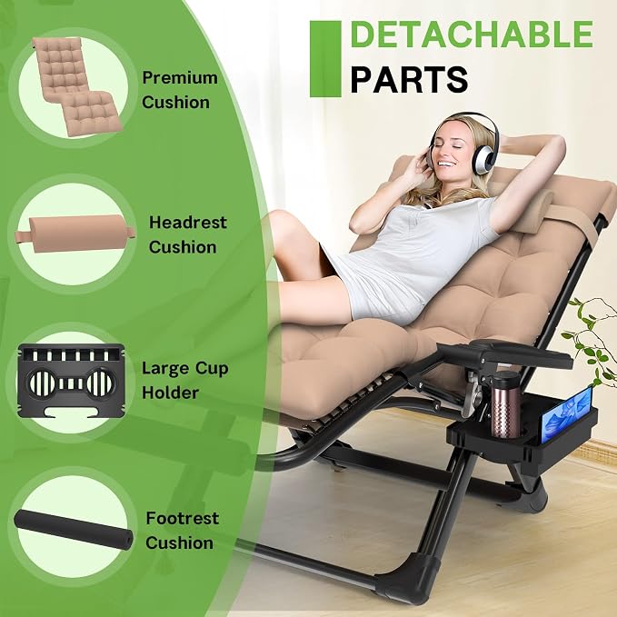 ZENPETIO 29In XL Zero Gravity Chair, 440LBS with Cushion | Anti Gravity Recliner Lounge Chair with Aluminum Alloy Lock & Footrest, 90-170° Adjustable, for Lawn Patio Indoor Outdoor