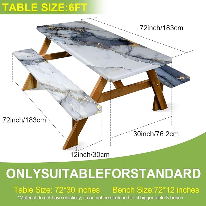 FOREVER QUEEN Picnic Table Cover with Bench Covers 72in,Waterproof Windproof Fitted Tablecloth,White Marble with Gold Veins Camping Essentials with Drawstring Bag for Patio,Park & Backyard