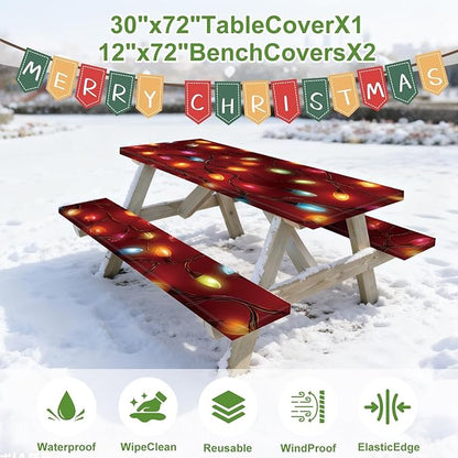 Christmas Picnic Table Cover with Bench Cover, Outdoor Picnic Table Elastic Tablecloth, Red Holiday Light Design, Camping, Barbecue and Christmas Parties