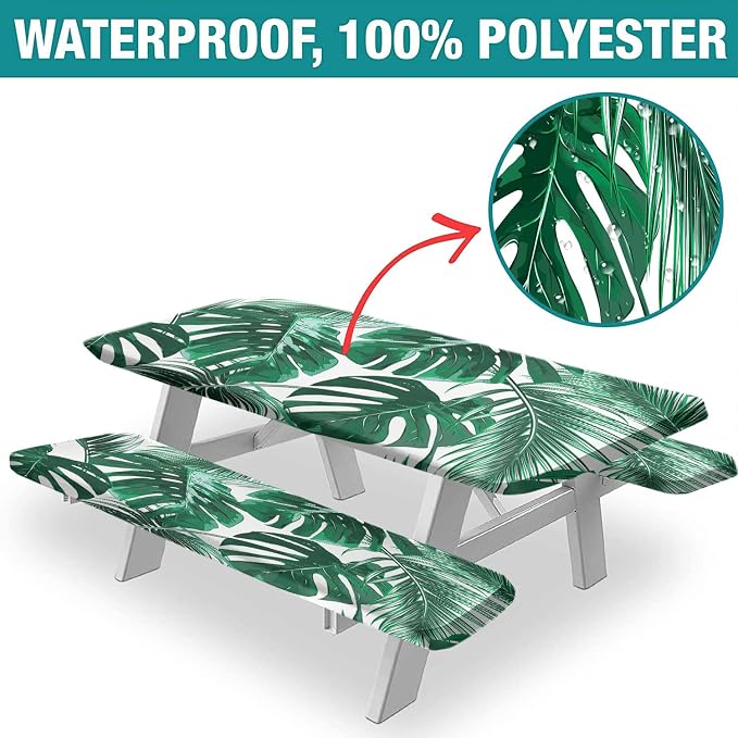 Summer Rectangle Fitted Picnic Table Cover w/ Bench Covers, Tropical Palm Tree Leaves Picnic Table Covers w/ Elastic, 72x28 Inch, 3 pcs Set, Green, for Picnics Indoor and Outdoor Dining Use