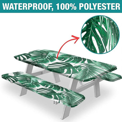 Summer Rectangle Fitted Picnic Table Cover w/ Bench Covers, Tropical Palm Tree Leaves Picnic Table Covers w/ Elastic, 72x28 Inch, 3 pcs Set, Green, for Picnics Indoor and Outdoor Dining Use
