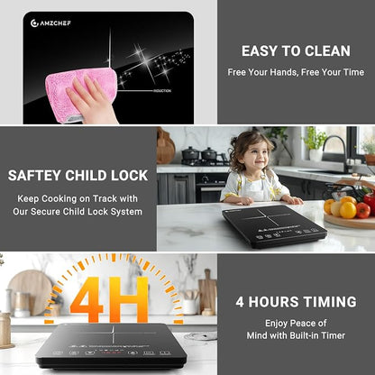AMZCHEF Portable Induction Cooktop, 20 Temperature & Power Levels, 1800W Induction Stove Burner with 6.8" Heating Coil, Low Noise Hot Plate, Single Electric Cooktops, 120°F to 465°F, 4 Hour Timer