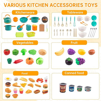 120Pcs Mini Play Kitchen Accessories, Kids Pretend Cooking Playset with Desserts, Cuttable Veggies & BBQ & Storage Basket, Educational Role-Play Gift for Toddlers, Child, Green