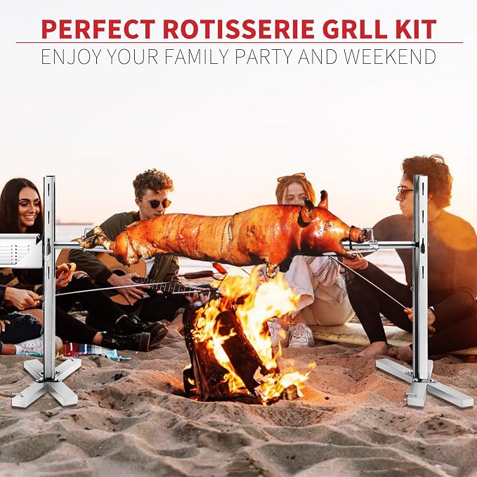Kendane Electric Rotisserie Grill Kit, 150LB Pig Spit Rotisserie Grill, Stainless Steel Tripod Stand, 52' Pig Lamb Hooded Roaster, Charcoal Spit with 30W Motor & Height Adjustable for Camping