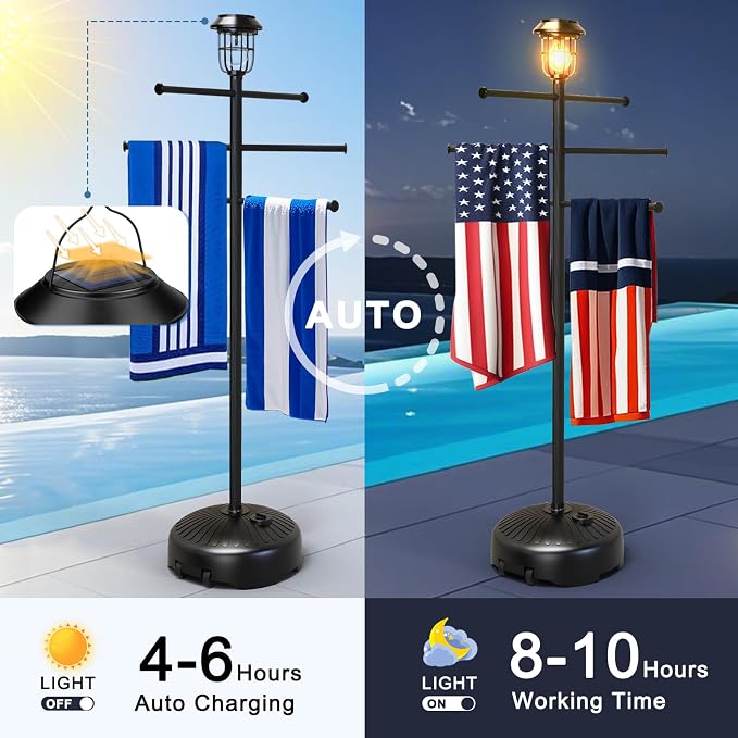 Solar Light Pool Towel Rack with Wheels & Stable Water Base | Solar Light • Easy-Roll Wheels • 63" Tall • Adjustable Bars • Stable Water Base • for Patio, Bathroom, Hot Tub
