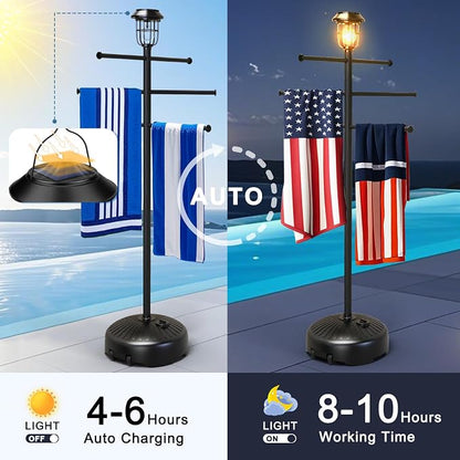 Solar Light Pool Towel Rack with Wheels & Stable Water Base | Solar Light • Easy-Roll Wheels • 63" Tall • Adjustable Bars • Stable Water Base • for Patio, Bathroom, Hot Tub