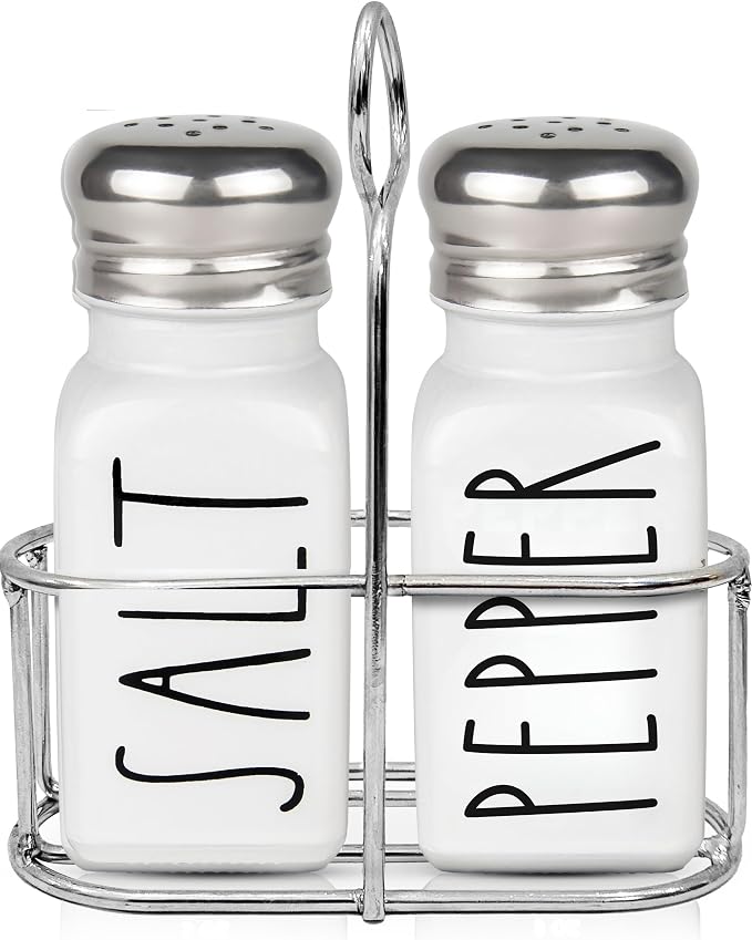 White Salt and Pepper Shakers Set with Holder by Brighter Barns - Farmhouse Salt Shakers with Caddy and Stainless Steel Lids - Cute Neutral Kitchen Decor for Vintage Home, Restaurants, Gifts (White)