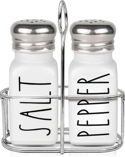 White Salt and Pepper Shakers Set with Holder by Brighter Barns - Farmhouse Salt Shakers with Caddy and Stainless Steel Lids - Cute Neutral Kitchen Decor for Vintage Home, Restaurants, Gifts (White)