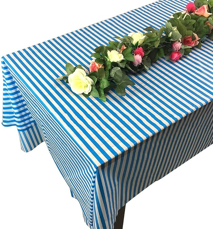 Vpang 2 Pcs Striped Plastic Print Tablecloths Disposable Table Cover Thickened Rectangle Tablecover, Kitchen Picnic Wedding Birthday Party Table Covers, 54"x108" (Blue Stripe)