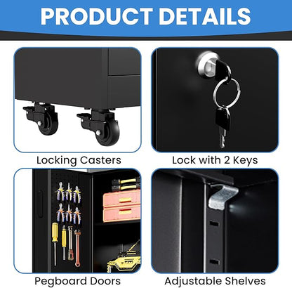 Metal Garage Storage Cabinet with Drawer and Pegboard Doors, 71'' Tall Storage Cabinet with Adjustable Shelves and Lock, Rolling Tool Cabinet on Wheels for Garage, Utility Room (Black)
