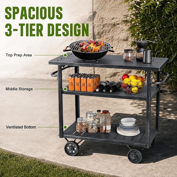 Rolling Bar Cart with Handle [3 Tier] Home Kitchen Microwave Cart Island On Wheels, Mobile Serving Cart Beverage Cart, Coffee Station (Metal/Wood, Industrial Black)
