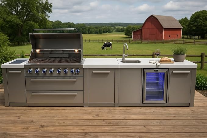 Mont Alpi Premium 157"W Stainless Steel Outdoor Kitchen Island with Refrigerator + Beverage Center Faucet & Sink + 44"W 6-Burner BBQ Gas Grill + White Granite Countertops + Storage Cabinets & Drawers