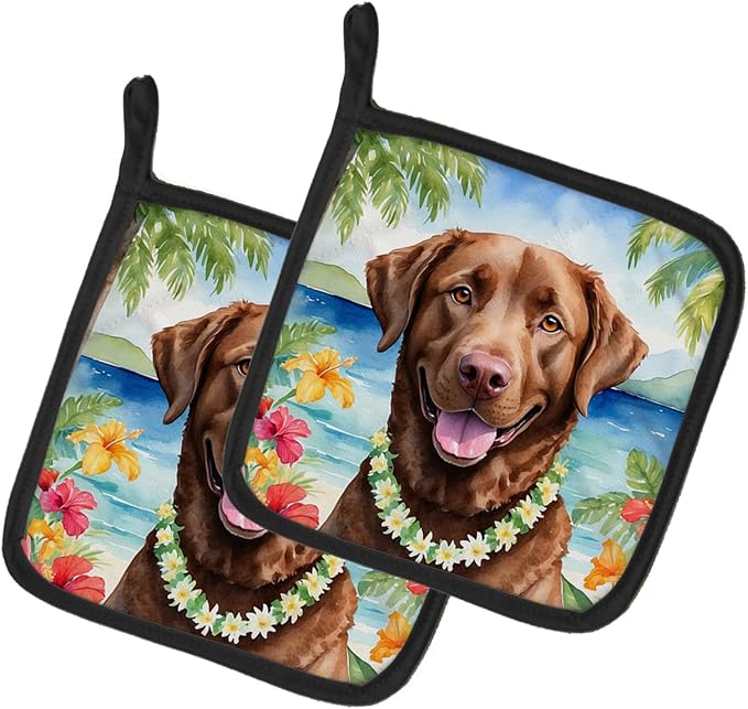 Caroline's Treasures Chesapeake Bay Retriever Luau Pair of Pot Holders Kitchen Heat Resistant Pot Holders Sets Oven Hot Pads for Cooking Baking BBQ, 7 1/2 x 7 1/2