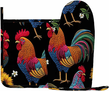 Mxocom Rooster Heat-Resistant Oven Mitts and Pot Holder Beautiful Classical Embroidery Chicken Rooster and Sunflowers Kitchen Non-Slip Cooking Microwave Gloves for Cooking Baking Grilling