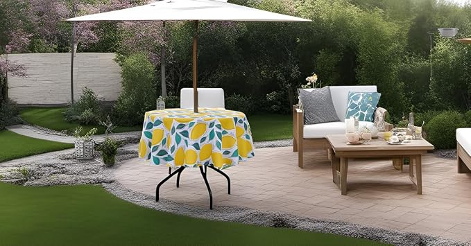 SUQ I OME Patio Umbrella Tablecloth, Lemon, 60'' Round with Zipper | With Hole and Zipper, Zippered, Spring Summer, For Backyard Circular Table, BBQs Picnic