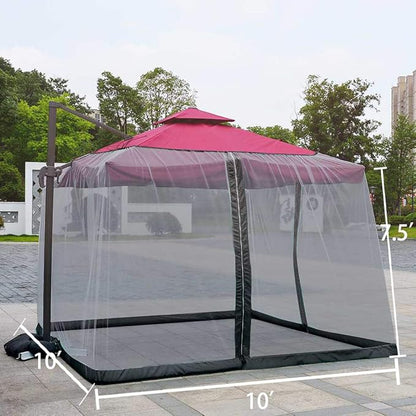 10ft Patio Mosquito Netting Patio Umbrella Cover Mosquito Netting Screen,Windproof Mosquito with Zipper Portable Foldable Umbrella Mosquito Net（10'10'7.6'） (Black)